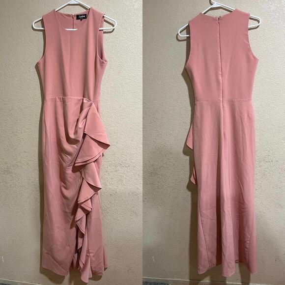 Parker Black Pink Madeline Ruffle high neckline sheath sleeveless maxi Gown 6 - Picture 2 of 11